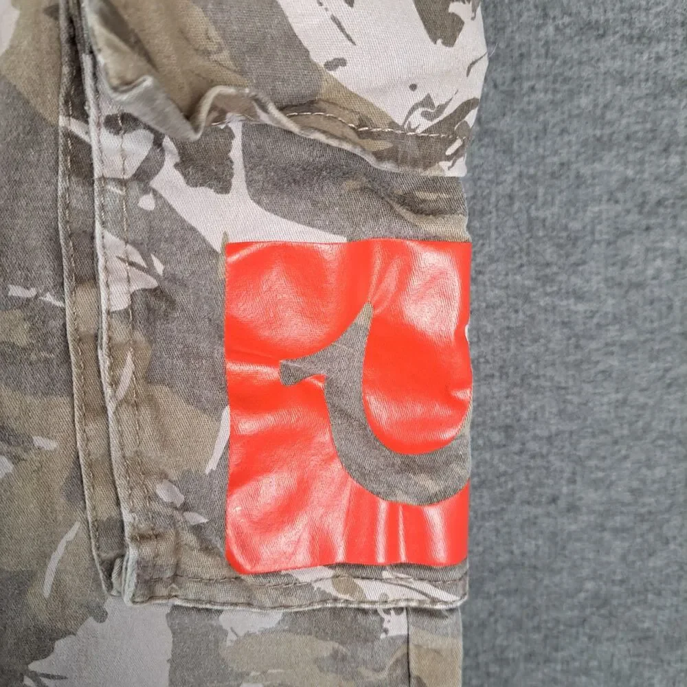 True Religion Boys Camo Cargo Pants in Tan and White with Orange Patch